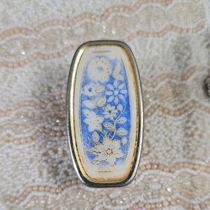 Vintage Hong Kong Blue & Gold Floral Lipstick Holder Clip With Mirror